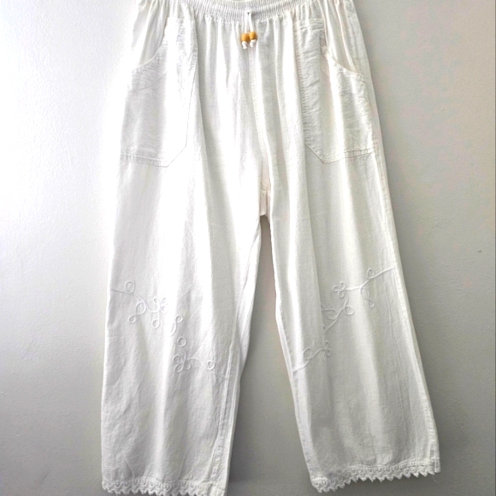 Women's White Drawstring Cotton Cropped Pants Used Excellent Condition Sz Large